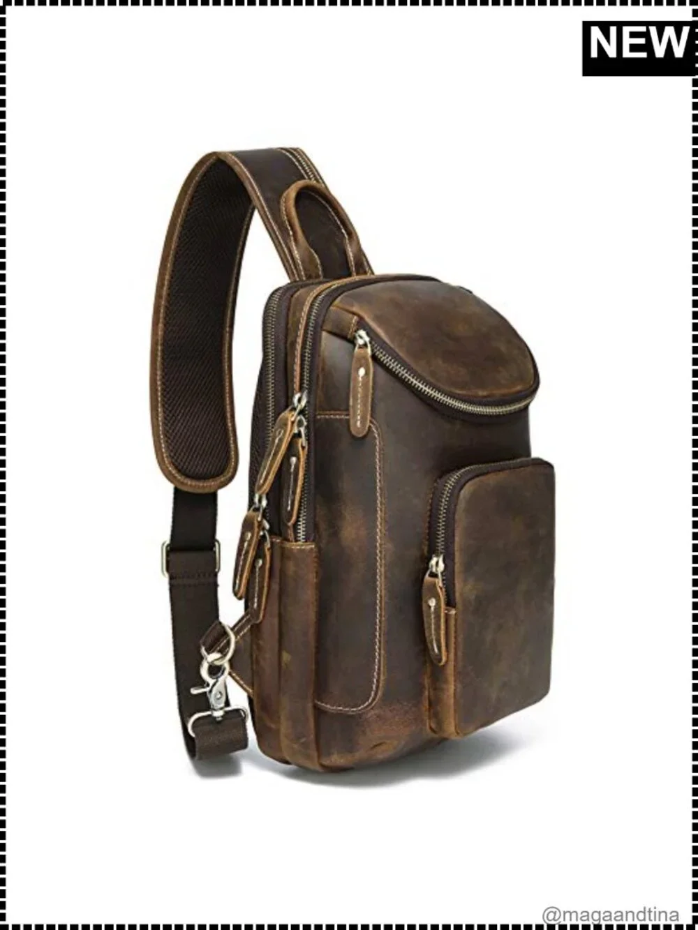 Full Grain Leather Sling Bag Crossbody Chest Daypack Hiking Travel